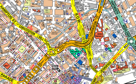 A highly detailed Birmingham A-Z map covering:  The Financial district New Street Station Grand Central Complex Bullring Centre Jewellery Quarter East Side Digbeth South Side Brindley Place & Convention Area Gun Quarter Links to the major motorways - M5, M6, M40 and M42 via the Spaghetti Junction.