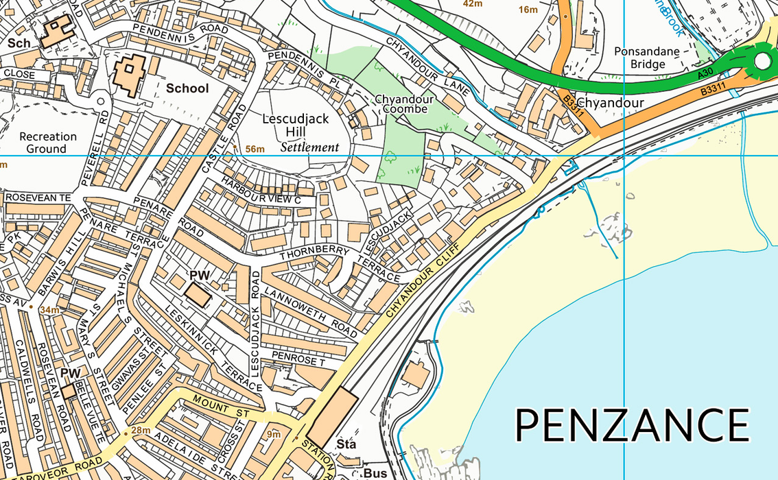 Penzance, Newlyn and Mousehole Coastal Area Map
