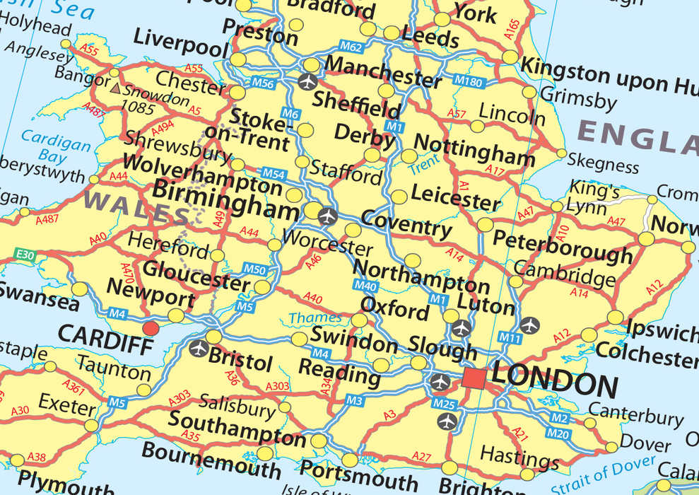 Extract of Europe Map showing London in England, United Kingdom