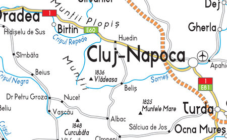 Extract of a Romanian road map showing Cluj-Napoca
