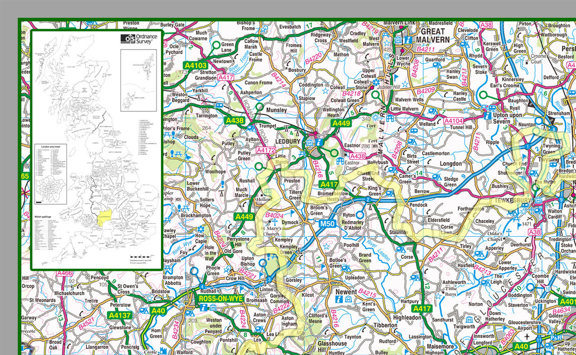 Map of Gloucestershire, a county in England, UK. This map covers the city of Gloucester and the towns:  Cheltenham, Kingswood,Filton, Stroud, Yate, Tewkesbury & Cirencester.