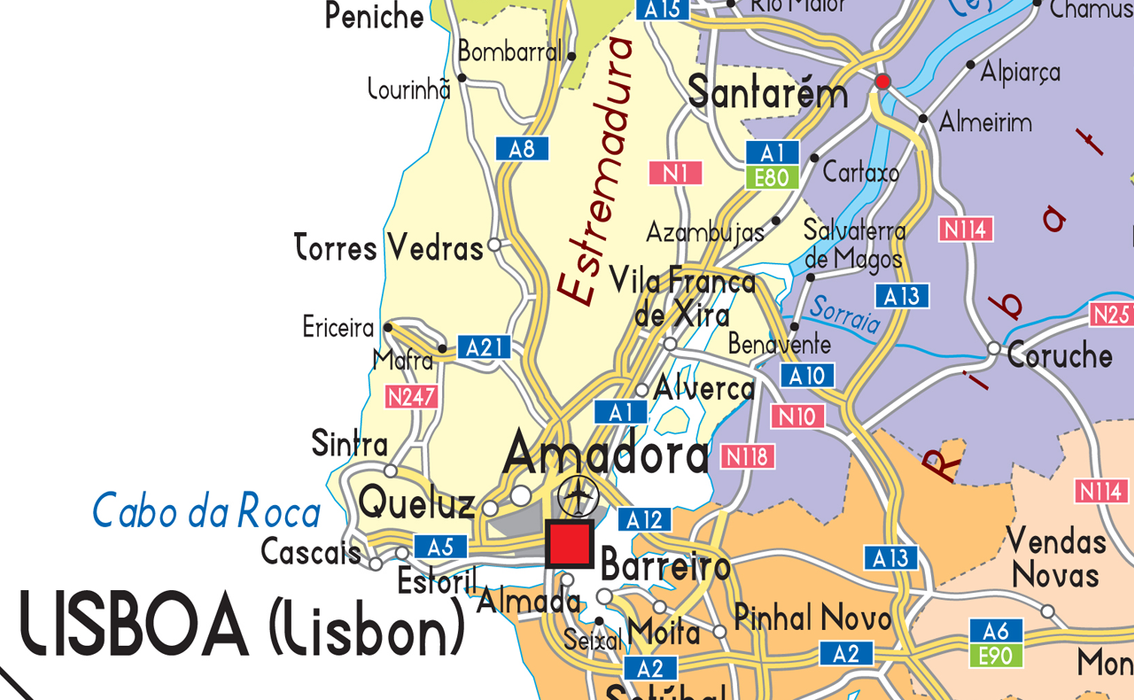 Extract of political map Portugal showing Lisbon