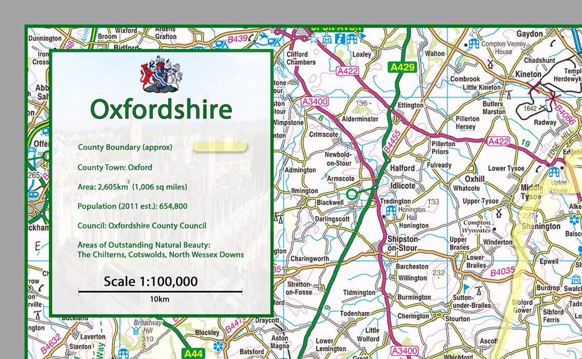 Oxfordshire, a county in England, UK.  This map covers the City of Oxford and towns:      Banbury     Bicester     Kidlington     Chipping Norton     Carterton     Witney     Thame     Chinnor     Abingdon-on-Thames     Wantage     Didcot     Wallingford     Henley-on-Thames   and the Districts of:      Oxford     Cherwell     Vale of White Horse     West Oxfordshire South Oxfordshire