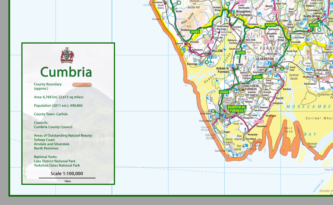 Cumbria, a ceremonial and non-metropolitan county in North West England, UK. It is the third biggest county in the UK.  This map covers the city of Carlisle and towns      Maryport     Workington     Whitehaven     Penrith     Kendal     Ulverston     Barrow-in-Furness