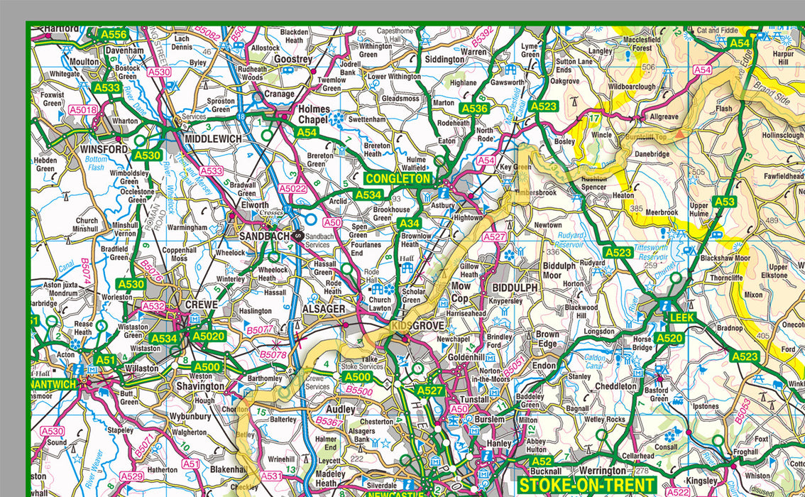 Detail from 1:100,000 detailed map of Staffordshire, a county in the Midlands of England, UK.  This map covers the two cities of Stoke-on-Trent & Lichfield and towns:      Kidsgrove     Tamworth     Stafford     Cannock     Newcastle-under-Lyme     Rugeley  and the Districts/Boroughs of:      Cannock Chase     Lichfield     South Staffordshire     Staffordshire Moorlands     East Staffordshire     Newcastle-under-Lyme     Stafford     Tamworth