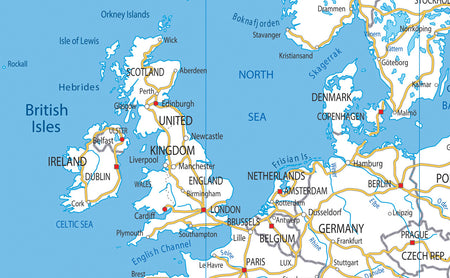 Extract from European continent map showing the UK.