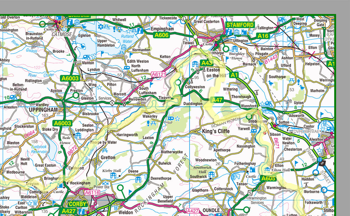 1:100,000 detailed map of Northamptonshire, in England, UK.  This map covers the County Town of Northampton and towns:      Kettering     Corby     Wellingborough     Rushden     Daventry   and the districts:      South Northamptonshire     Northampton     Daventry     Wellingborough     Kettering     Corby     East Northamptonshire
