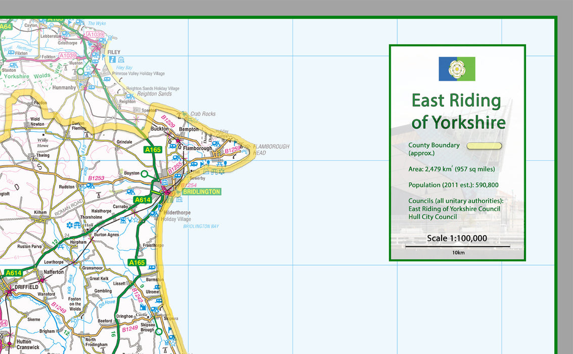 East Riding Of Yorkshire, an area in the North of England, UK.  This map covers the towns:      Kingston upon Hull     Cottingham     Willerby     Bridlington     Flamborough     Hornsea     Withernsea     Aldbrough     Hedon     Roos     Rudston     Beverley     Bishop Burton     Driffield     Lockington     Goole     Brough     North Ferriby     Hessle     Kirk Ella     Stamford Bridge     Pocklington     Market Weighton     Holme-on-Spalding-Moor     Howden     South Cave