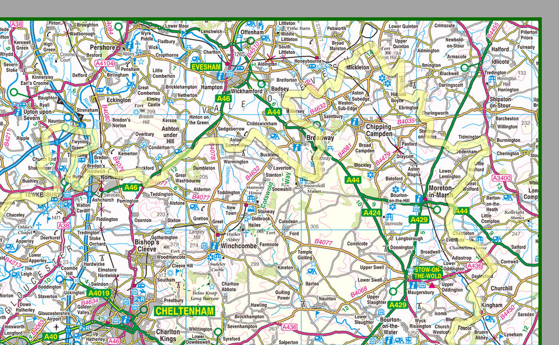 Map of Gloucestershire, a county in England, UK. This map covers the city of Gloucester and the towns:  Cheltenham, Kingswood,Filton, Stroud, Yate, Tewkesbury & Cirencester.