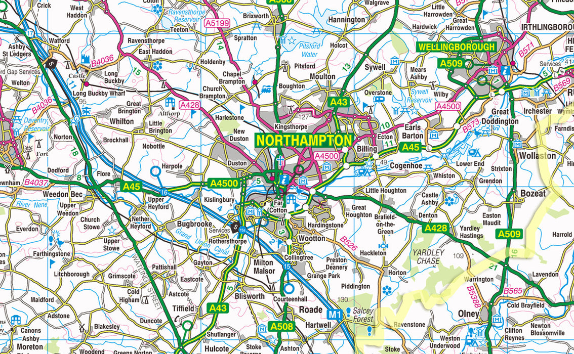 1:100,000 detailed map of Northamptonshire, in England, UK.  This map covers the County Town of Northampton and towns:      Kettering     Corby     Wellingborough     Rushden     Daventry   and the districts:      South Northamptonshire     Northampton     Daventry     Wellingborough     Kettering     Corby     East Northamptonshire