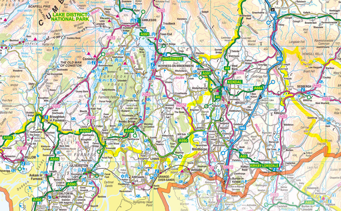 Cumbria, a ceremonial and non-metropolitan county in North West England, UK. It is the third biggest county in the UK.  This map covers the city of Carlisle and towns      Maryport     Workington     Whitehaven     Penrith     Kendal     Ulverston     Barrow-in-Furness