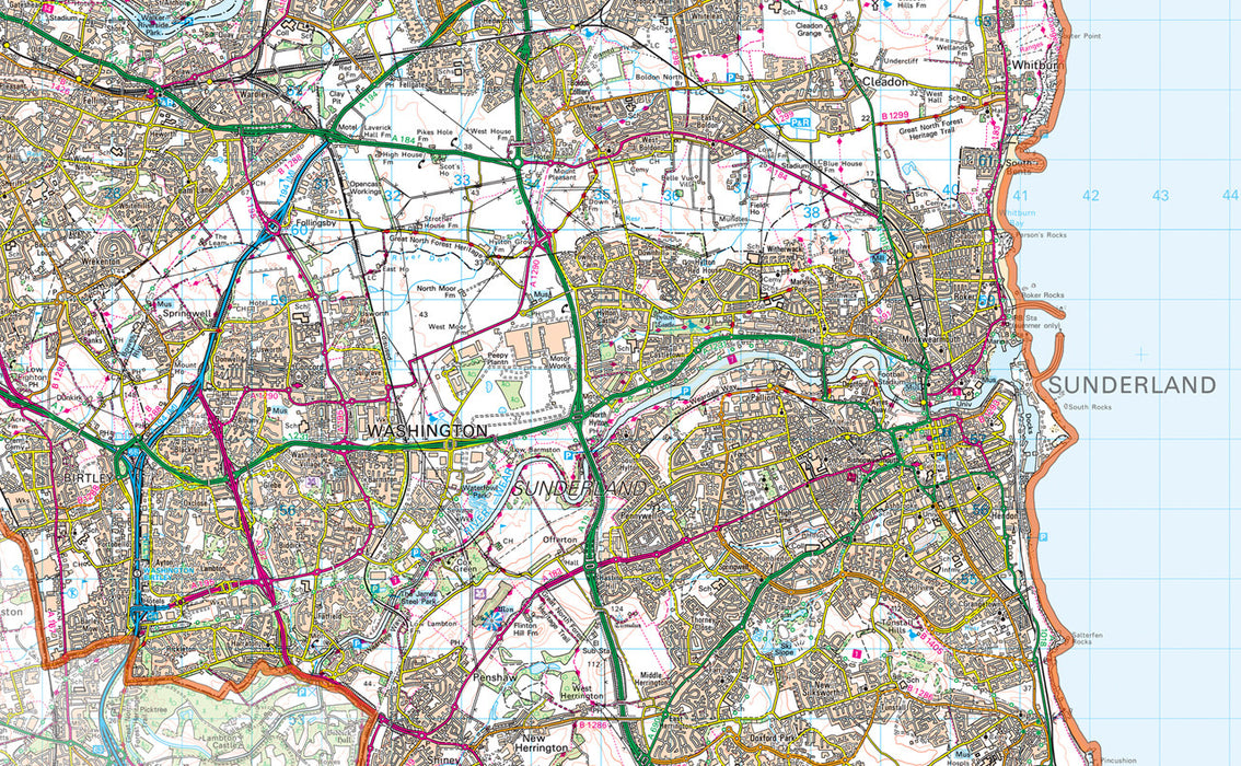 Tyne and Wear, a geographic and ceremonial county in North East England, UK.  This map covers the Districts of:       Gateshead      Newcastle upon Tyne      North Tyneside      South Tyneside      Sunderland