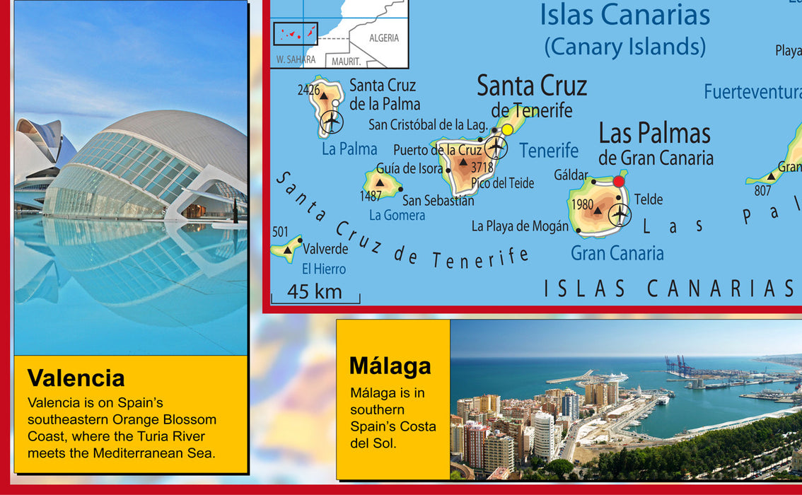 Extract of illustrated Spain Map showing Valencia and Malaga