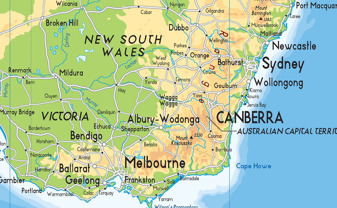 Extract from Australia Physical Map showing Victoria, Melbourne, Sydney and Canberra