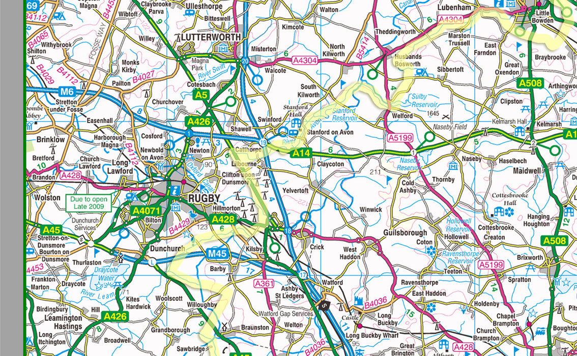 1:100,000 detailed map of Northamptonshire, in England, UK.  This map covers the County Town of Northampton and towns:      Kettering     Corby     Wellingborough     Rushden     Daventry   and the districts:      South Northamptonshire     Northampton     Daventry     Wellingborough     Kettering     Corby     East Northamptonshire