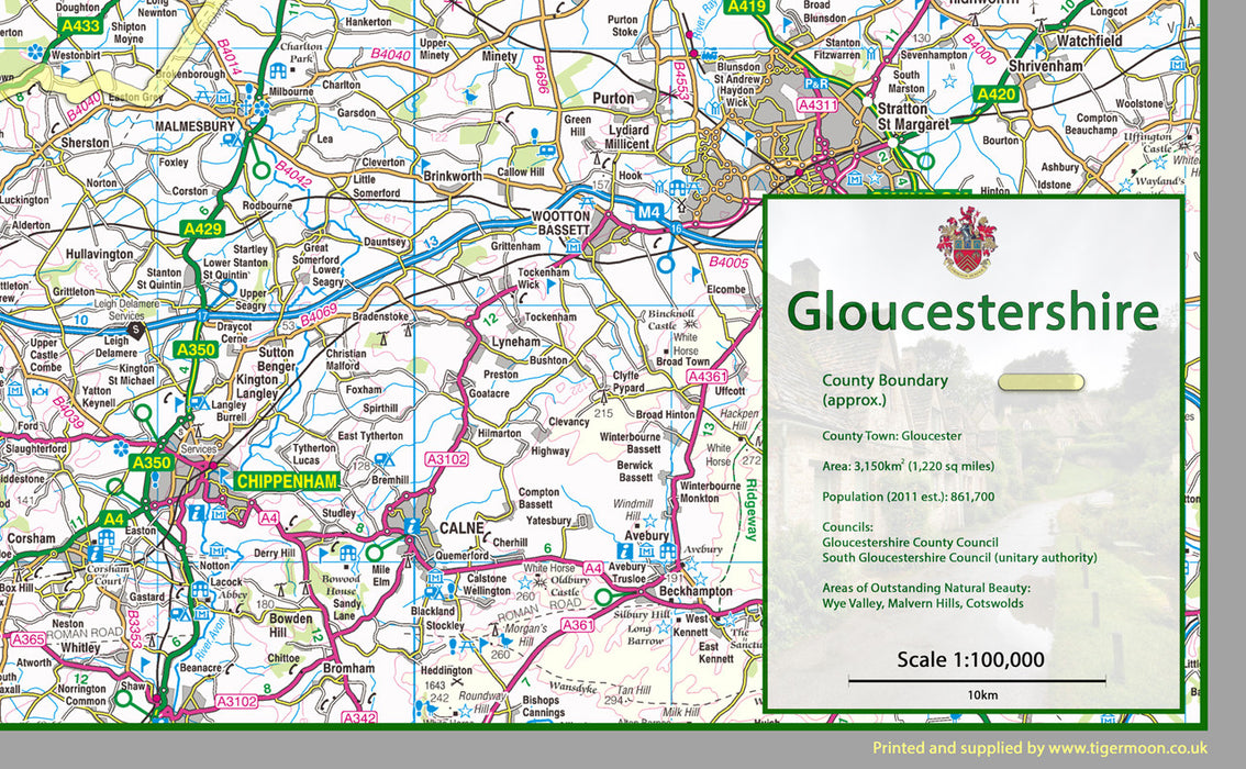 Map of Gloucestershire, a county in England, UK. This map covers the city of Gloucester and the towns:  Cheltenham, Kingswood,Filton, Stroud, Yate, Tewkesbury & Cirencester.