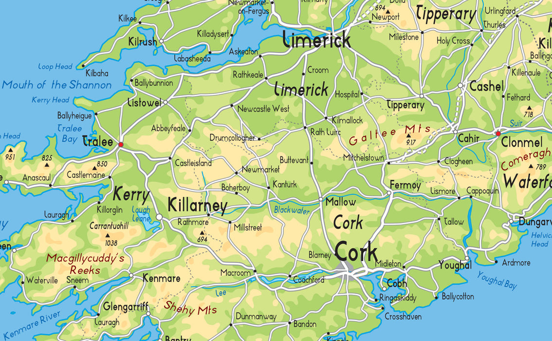 This illustrated map shows the physical aspects of Ireland. Featuring high quality photos of popular locations this map covers:  Dublin Belfast Cork Limerick Derry Galway Waterford Lisburn  It's clear, colourful and perfect for the wall. Printed onto quality paper and finished with a gloss laminate.