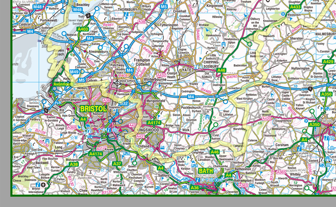 Map of Gloucestershire, a county in England, UK. This map covers the city of Gloucester and the towns:  Cheltenham, Kingswood,Filton, Stroud, Yate, Tewkesbury & Cirencester.