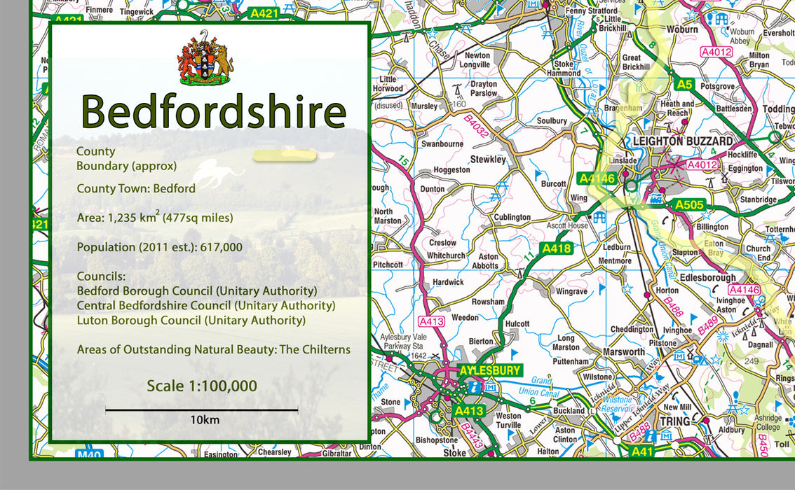 Bedfordshire, a county in the East of England, UK.  This map covers the towns      Luton     Bedford          Dunstable     Leighton Buzzard     Kempston     Houghton Regis     Biggleswade     Flitwick     Sandy     Ampthill   and Bedfordshire's three unitary authorities        Bedford     Central Bedfordshire     Luton