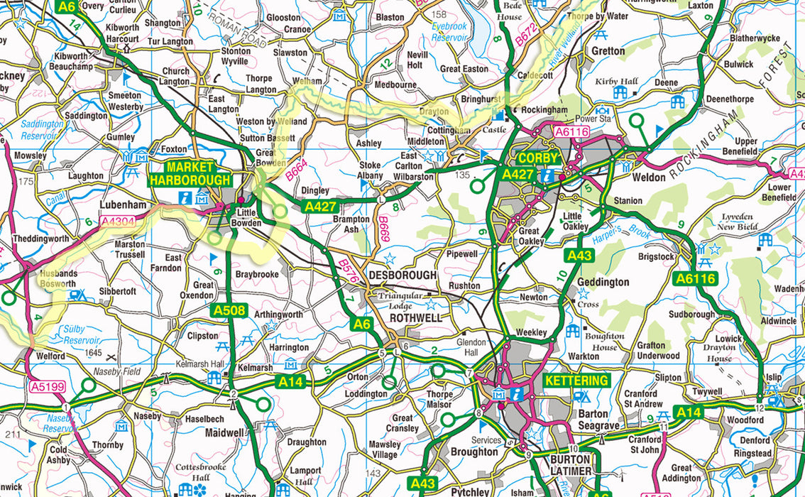 1:100,000 detailed map of Northamptonshire, in England, UK.  This map covers the County Town of Northampton and towns:      Kettering     Corby     Wellingborough     Rushden     Daventry   and the districts:      South Northamptonshire     Northampton     Daventry     Wellingborough     Kettering     Corby     East Northamptonshire