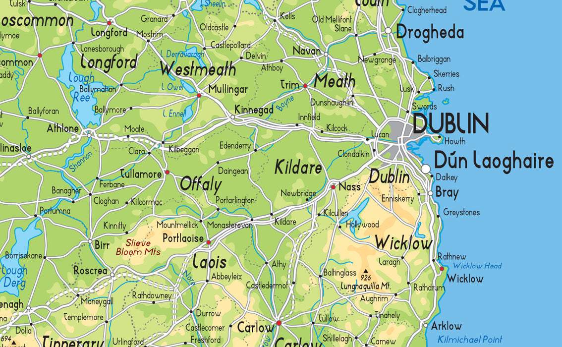 This illustrated map shows the physical aspects of Ireland. Featuring high quality photos of popular locations this map covers:  Dublin Belfast Cork Limerick Derry Galway Waterford Lisburn  It's clear, colourful and perfect for the wall. Printed onto quality paper and finished with a gloss laminate.