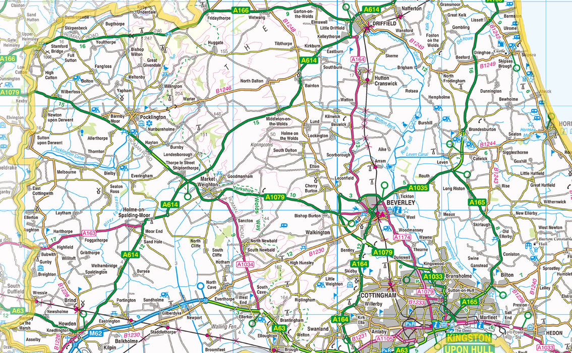 East Riding Of Yorkshire, an area in the North of England, UK.  This map covers the towns:      Kingston upon Hull     Cottingham     Willerby     Bridlington     Flamborough     Hornsea     Withernsea     Aldbrough     Hedon     Roos     Rudston     Beverley     Bishop Burton     Driffield     Lockington     Goole     Brough     North Ferriby     Hessle     Kirk Ella     Stamford Bridge     Pocklington     Market Weighton     Holme-on-Spalding-Moor     Howden     South Cave