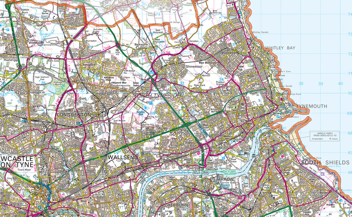 Tyne and Wear, a geographic and ceremonial county in North East England, UK.  This map covers the Districts of:       Gateshead      Newcastle upon Tyne      North Tyneside      South Tyneside      Sunderland
