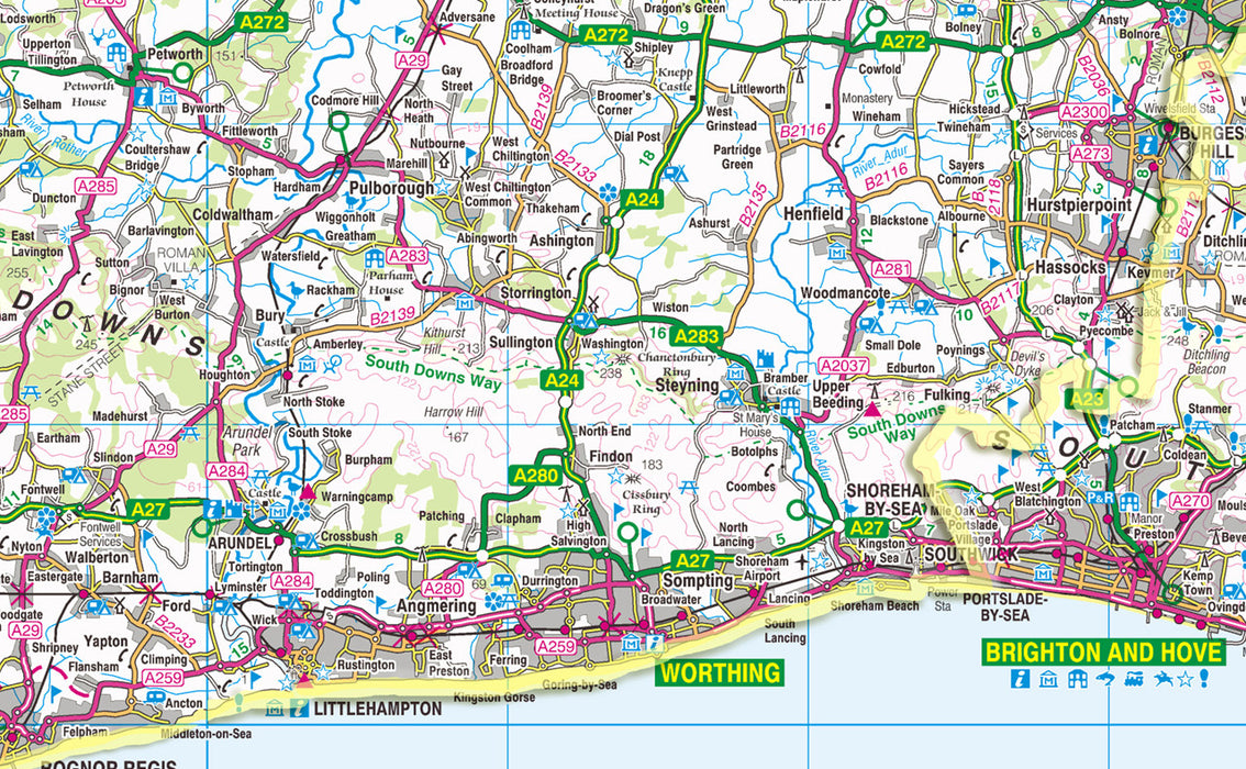 map of West Sussex, England, UK.  This map covers the city of Chichester and the towns      Worthing     Crawley     Bognor Regis     Littlehampton     Shoreham-by-Sea     Horsham     Haywards Heat     Burgess Hill     East Grinstead     Chichester