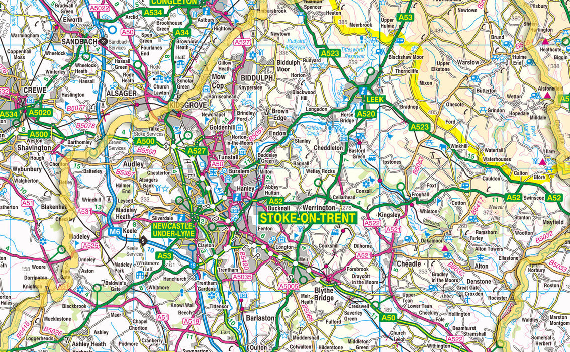 Detail from 1:100,000 detailed map of Staffordshire, a county in the Midlands of England, UK. This map covers the two cities of Stoke-on-Trent & Lichfield and towns: Kidsgrove Tamworth Stafford Cannock Newcastle-under-Lyme Rugeley and the Districts/Boroughs of: Cannock Chase Lichfield South Staffordshire Staffordshire Moorlands East Staffordshire Newcastle-under-Lyme Stafford Tamworth