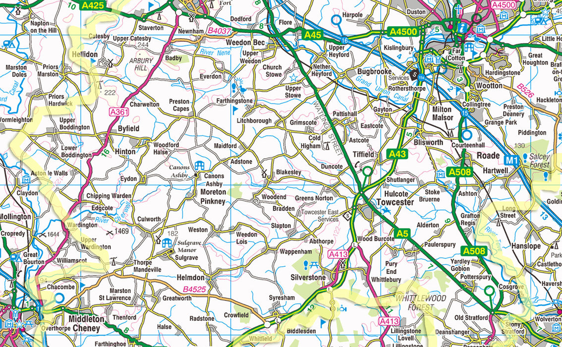 1:100,000 detailed map of Northamptonshire, in England, UK.  This map covers the County Town of Northampton and towns:      Kettering     Corby     Wellingborough     Rushden     Daventry   and the districts:      South Northamptonshire     Northampton     Daventry     Wellingborough     Kettering     Corby     East Northamptonshire