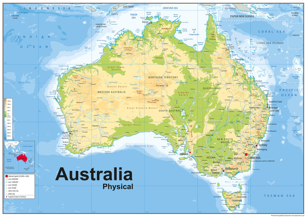 Physical Map of the continent of Australia consists of the landmasses which sit on Australia's continental plate. Situated in Oceania, Australia is the smallest of the seven traditional continents.  The continent includes:  Australia Tasmania New Guinea, consisting of Papua New Guinea and Western New Guinea  Large settlements include:  Melbourne Sydney Brisbane Perth Adelaide Canberra Hobart Darwin