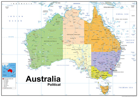 The continent of Australia consists of the landmasses which sit on Australia's continental plate. Situated in Oceania, Australia is the smallest of the seven traditional continents.  The continent includes:  Australia Tasmania New Guinea, consisting of Papua New Guinea and Western New Guinea  Large settlements include:  Melbourne Sydney Brisbane Perth Adelaide Canberra Hobart Darwin