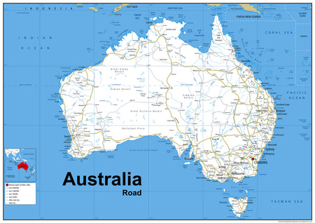 Road map of the continent of Australia consisting of the landmasses which sit on Australia's continental plate. Situated in Oceania, Australia is the smallest of the seven traditional continents.  The continent includes:  Australia Tasmania New Guinea, consisting of Papua New Guinea and Western New Guinea  Large settlements include:  Melbourne Sydney Brisbane Perth Adelaide Canberra Hobart Darwin