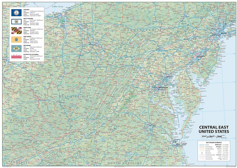A detailed & informative physical map of the Central East of the United States of America covering:  Virginia  West Virginia  Maryland  New Jersey  Delaware  Colombia  Kentucky  Ohio  Pensylvania