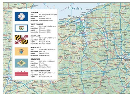 A detailed & informative physical map of the Central East of the United States of America covering: Virginia West Virginia Maryland New Jersey Delaware Colombia Kentucky Ohio Pensylvania