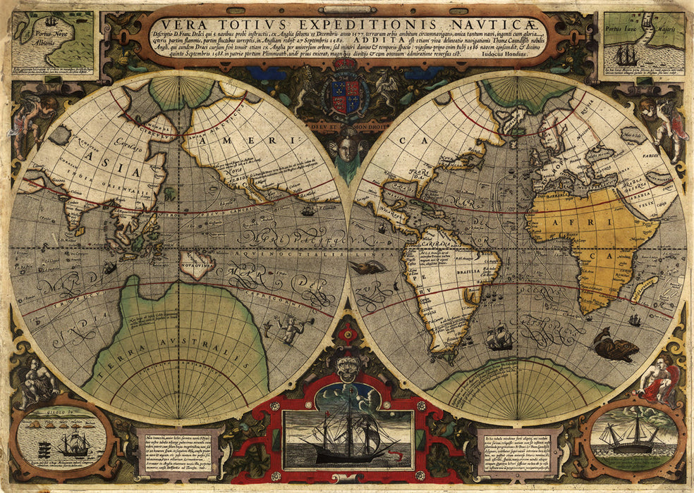 Antique 1595 World Map of Sir Francis Drake's Voyage