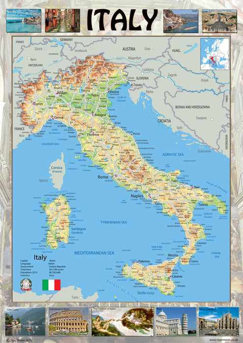 This map shows the physical aspects of Italy. It's clear, colourful and perfect for the wall. Featuring high quality photos of popular locations this map is ideal for anyone interested in Italy.  Italy is located in Southern Europe. It contains the enclaved microstates of Vatican City and San Marino. Italy is the third-most populous member state of the European Union with around 60 million inhabitants.