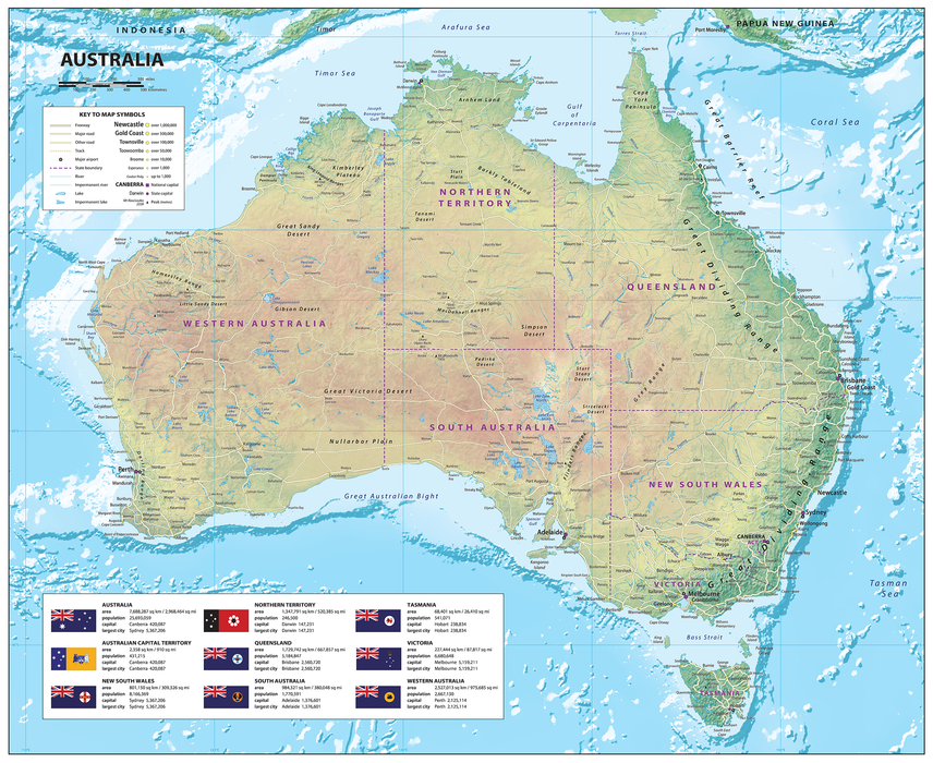 Australia Physical Map with Road & State detail