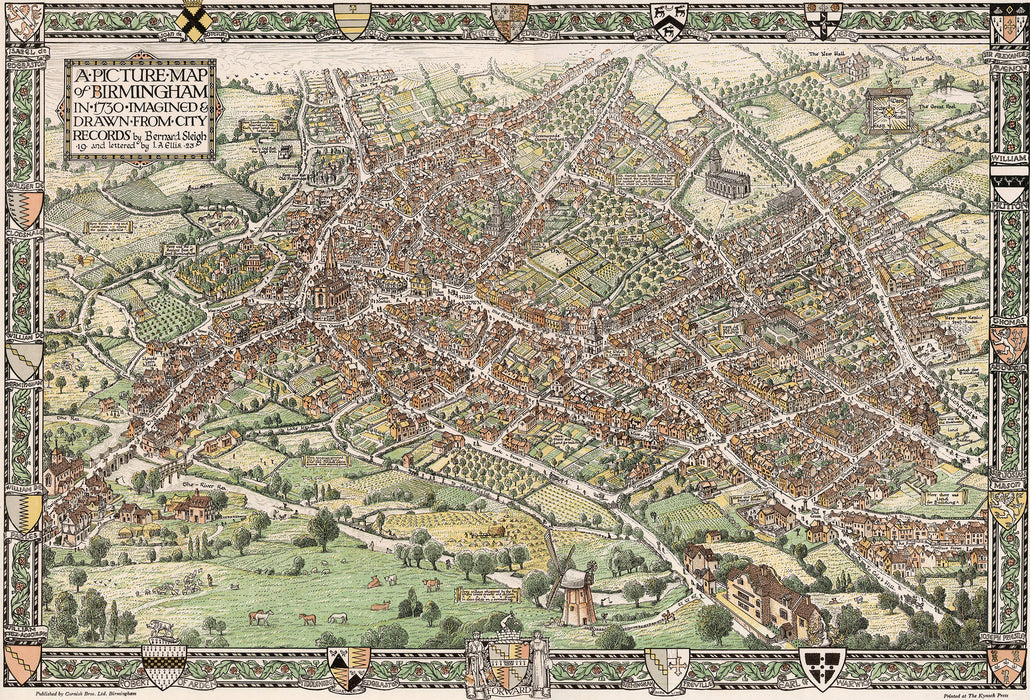 Antique 1923 Illustrated Map of Birmingham by Bernard Sleigh