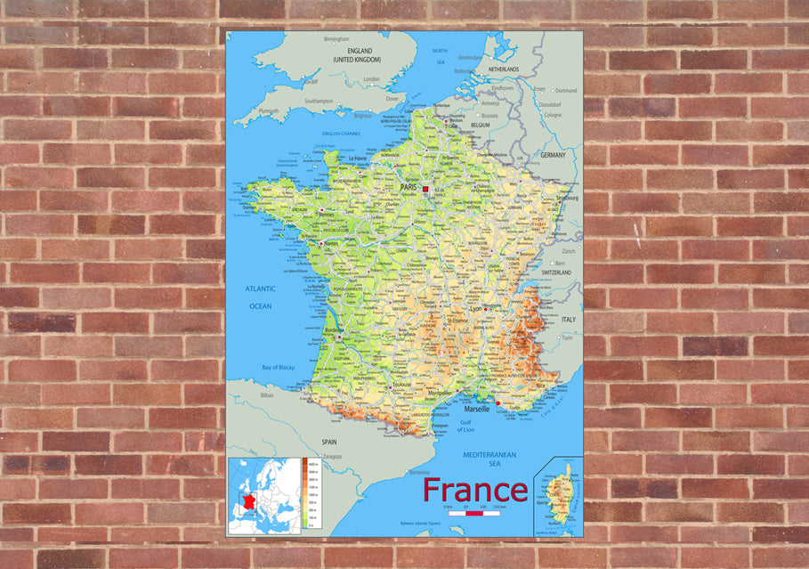 France Physical Mounted Map