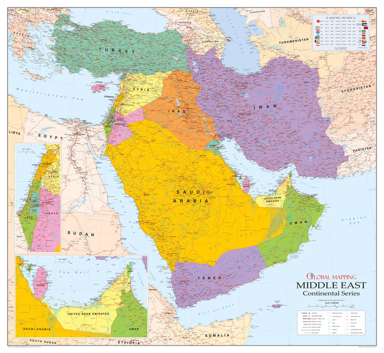 This informative map of The Middle East region shows many of the major physical features and includes Saudi Arabia, Iran, Iraq, Syria, Turkey, Egypt, Sudan, Yemen, Oman and Somalia.