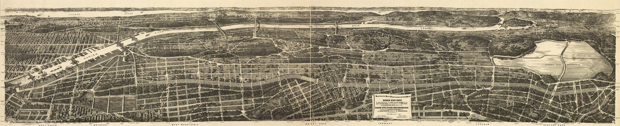 1897 - The Bronx New York USA - Long Birds Eye View Map