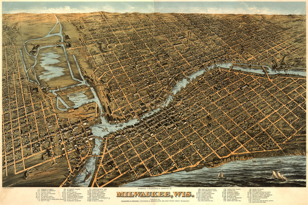 1872 - Milwaukee USA Birds Eye View Map