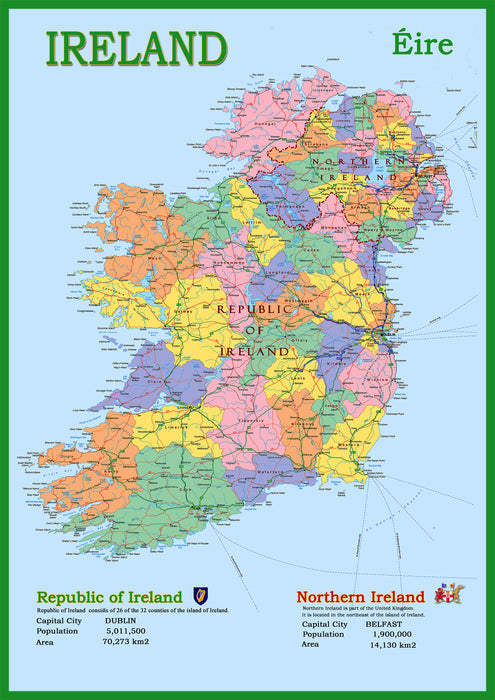 Ireland County Laminated Wall Map A0, A1 & A2