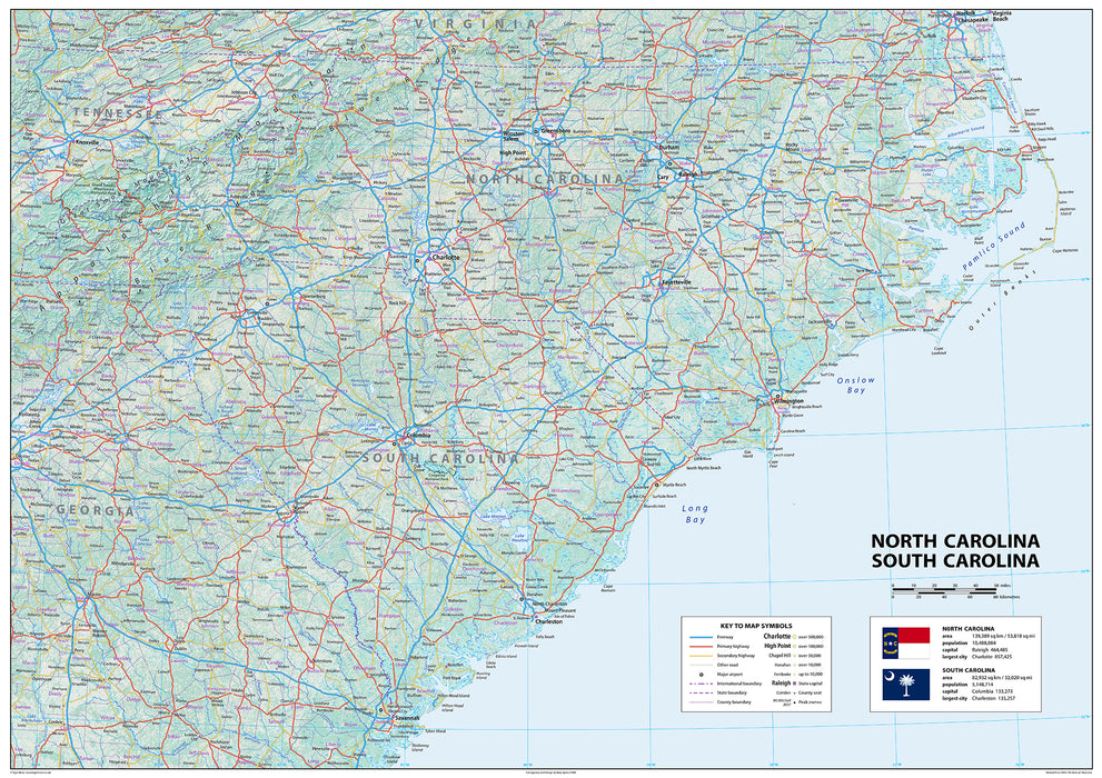 A detailed & informative physical map of North & South Carolina in the United States. The Carolinas are the U.S. states of North Carolina and South Carolina combined.  Cities include:      Charleston, S.C.     Charlotte, N.C.     Columbia, S.C.     Greensboro, N.C.     Greenville, S.C.     Raleigh, N.C.     Winston-Salem, N.C.