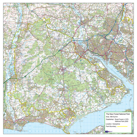 A detailed map of the New Forest measuring 130cm x 130cm Printed onto a high quality paper. The New Forest in Hampshire and Wiltshire is one of the largest tracts of unenclosed pasture land, heathland and forest in the South, with four large villages: Sway Brockenhurst Lyndhurst Ashurst Smaller villages are: Burley Beaulieu Godshill Fritham Nomansland Minstead 