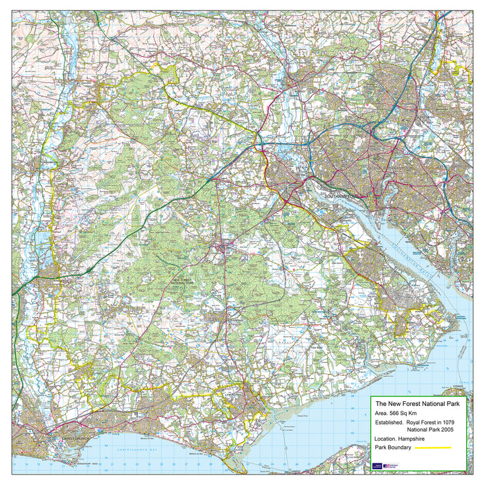 A detailed map of the New Forest measuring 130cm x 130cm Printed onto a high quality paper. The New Forest in Hampshire and Wiltshire is one of the largest tracts of unenclosed pasture land, heathland and forest in the South, with four large villages: Sway Brockenhurst Lyndhurst Ashurst Smaller villages are: Burley Beaulieu Godshill Fritham Nomansland Minstead 
