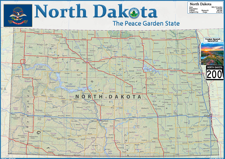 North Dakota Physical State Map