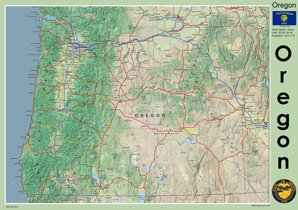 This map of the US State of Oregon features the capital of Salem along with the cities Portland, Eugene, Gresham and Hillsboro.  Rivers include the Columbia River, which delineates much of Oregon's north boundary with Washington. The Snake River marks much, of its eastern boundary with Idaho.