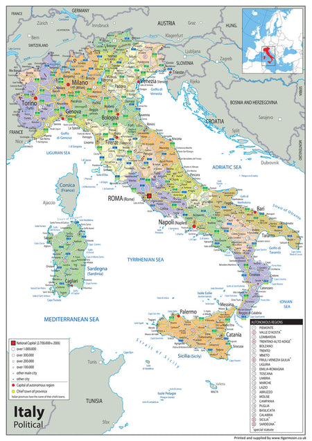 A clear, informative and colourful political map of Italy. Italy is the third-most populous member state of the European Union with around 60 million inhabitants.  Italy is seen as one of the world's most culturally and economically advanced countries and has the world's eighth-largest economy by nominal GDP (third in the EU), sixth-largest national wealth and third-largest central bank gold reserve. It delivers highly in terms of life expectancy, quality of life, healthcare and education.